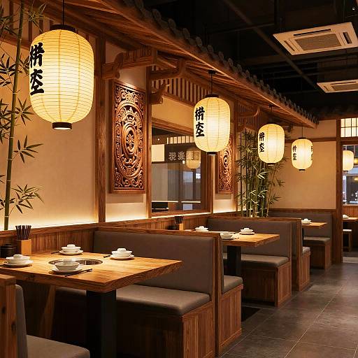 Photograph of a traditional Japanese restaurant with warm lighting, wooden tables, cushioned benches, bamboo decorations, and hanging paper lanterns with black Japanese characters