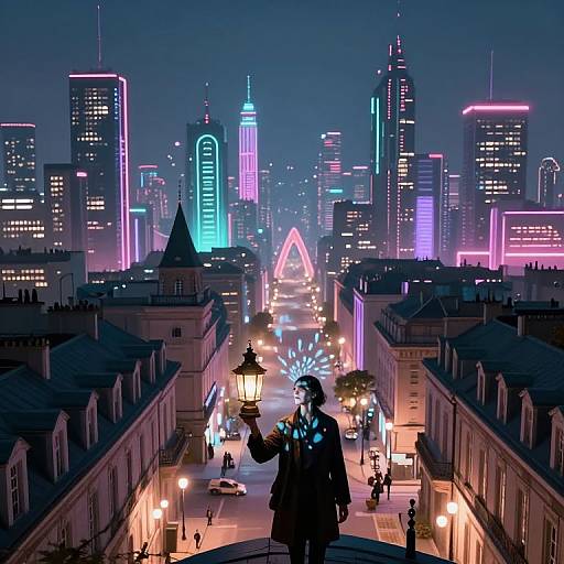 Neon-lit futuristic cityscape at night, featuring a glowing, cyberpunk-style statue holding a lantern in the foreground, with vibrant skyscrapers