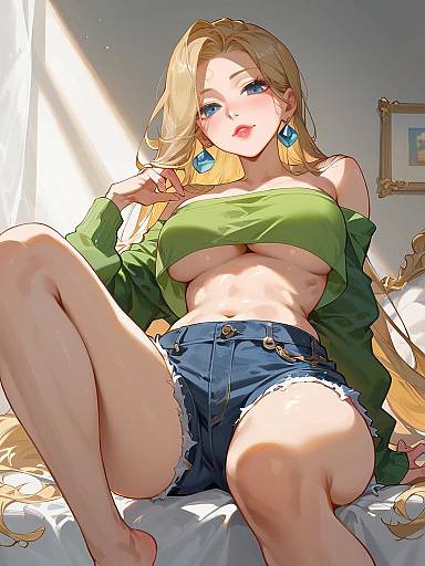 Stylish Woman in Sage Green Crop Top and Denim Shorts