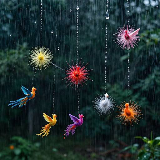 Upward Raindrops with Colorful Phoenixes
