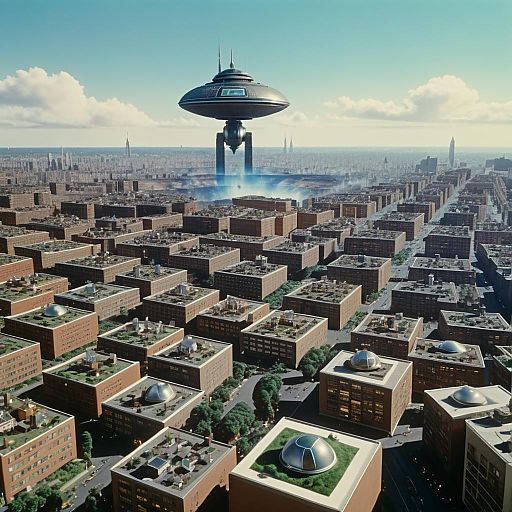Giant Robot Over City: 70s Film Scene Giant Robot Over City: 70s Film Scene