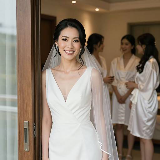 Photograph of a smiling Asian bride in a white, V-neck wedding dress with sheer veil, standing in a warmly lit room, surrounded by three brides