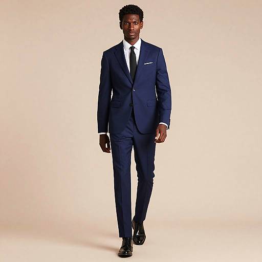 Photograph of a tall, dark-skinned man in a sharp, navy blue suit, white shirt, black tie, walking confidently against a plain beige