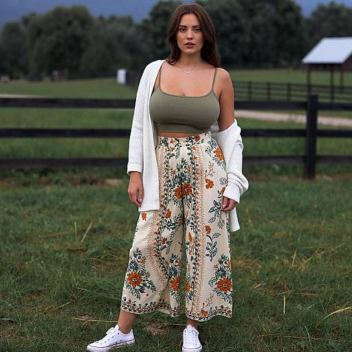 Photograph of a young woman with light skin and brown hair, wearing a green tank top, floral pants, white jacket, and white sneakers, standing