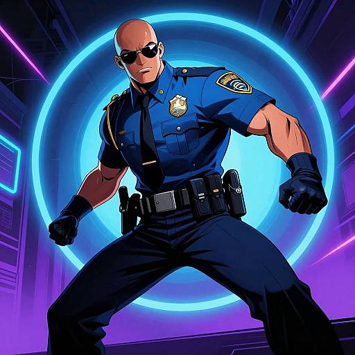 Muscular bald police officer in blue uniform, black gloves, sunglasses, and badge, stands powerfully in front of a glowing blue circular light against a