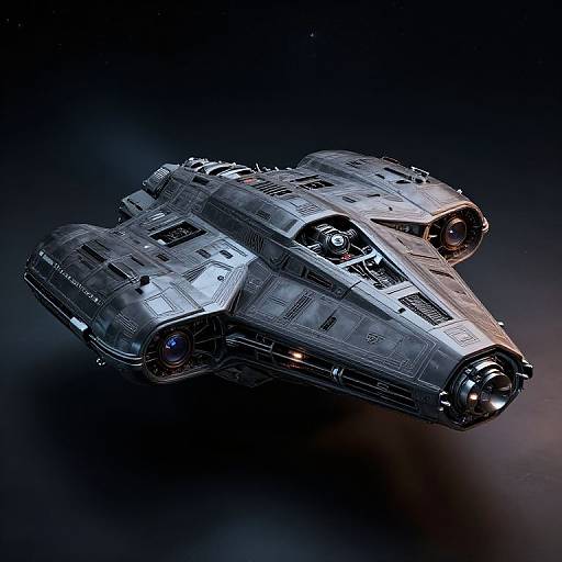 CGI image of a detailed, silver-gray, futuristic, dual-engine spaceship with intricate textures and glowing lights, floating in a dark, star-speck