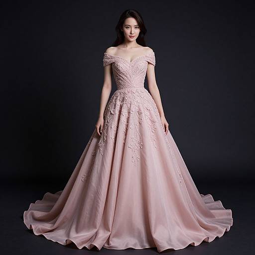Photograph of a young woman with fair skin and dark hair, wearing an off-shoulder, pink, lace-embellished ball gown with