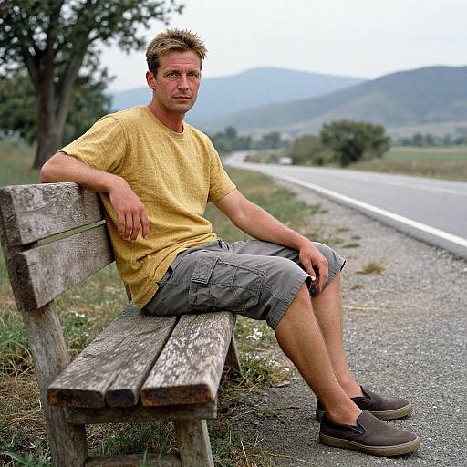 Photograph of a casually dressed, fair-skinned man with short brown hair, wearing a yellow shirt, gray shorts, and brown shoes, sitting on