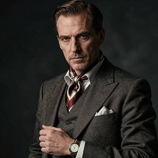 Photograph of a serious, middle-aged white man with slicked-back brown hair, wearing a dark gray suit, white shirt, red tie, and