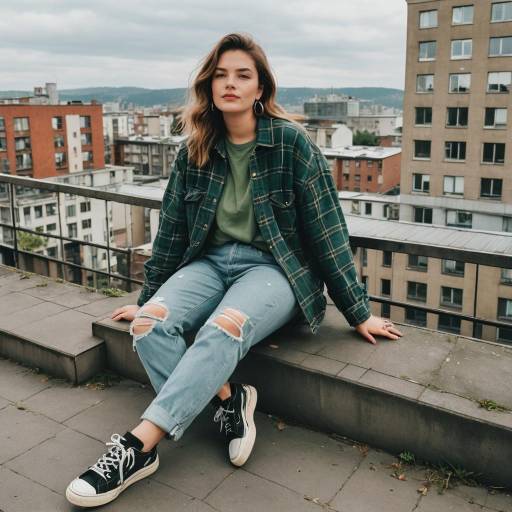 Woman in 90s Style Outfit Sitting on Urban Rooftop