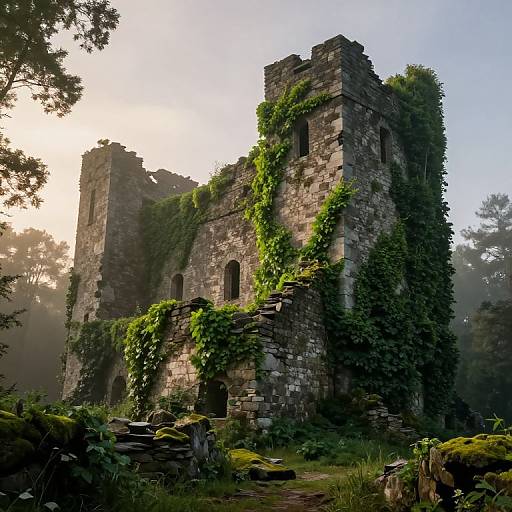 Photorealistic CGI of a moss-covered, ivy-clad, ancient stone castle at sunset, surrounded by a misty forest with sunlight filtering through