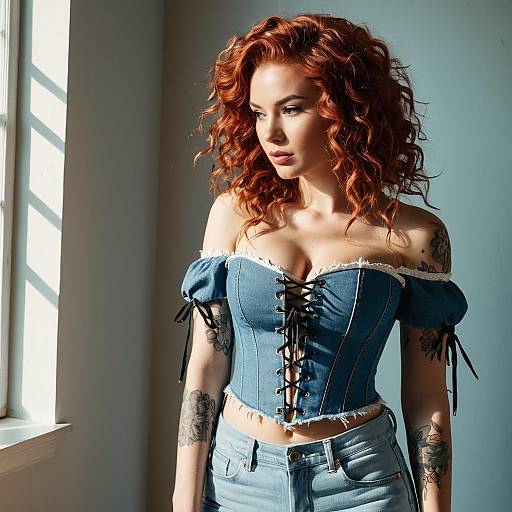 Redhead Woman in Denim Corset Top