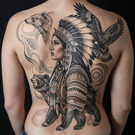 Tattoo of Native American man in feathered headdress with three bears, eagle, and tribal patterns on a bare back. Photorealistic style