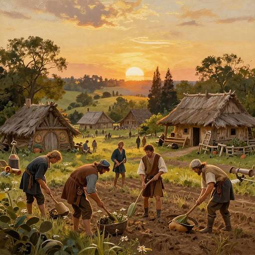 Digital painting of rural village at sunset; four men in medieval-style clothing plow field, surrounded by thatched huts, lush greenery, and