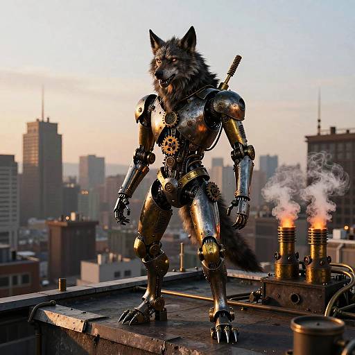 Steampunk Werewolf Robot Over Cityscape