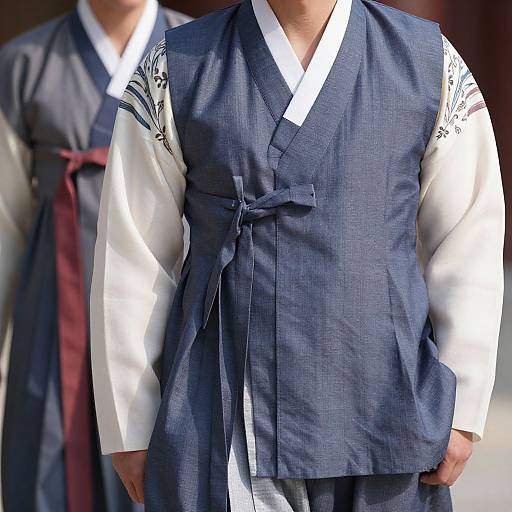 Photograph of two people in traditional Korean hanbok; foreground in blue with white sleeves, background in gray with red sash.