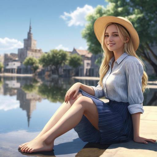 Woman with Hat Sitting by Lake