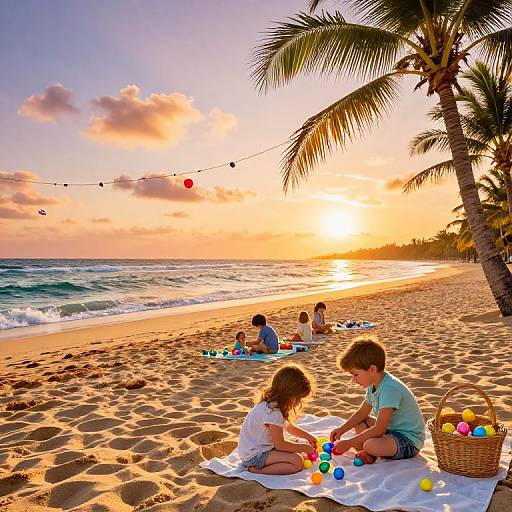 Photograph: Sunset beach scene with children playing with colorful balls on a white blanket, palm tree, string lights, and ocean waves.