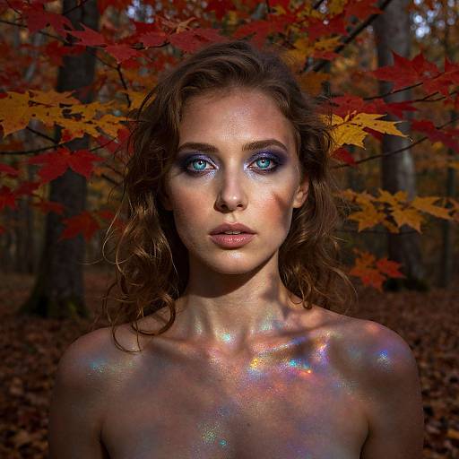 Photograph of a fair-skinned woman with glowing iridescent skin, striking blue eyes, and wavy brown hair, standing in a forest with