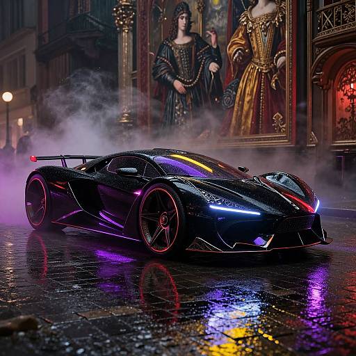 Glowing black sports car with neon lights parked on wet, reflective street; misty background with regal paintings and statues. Photorealistic CGI