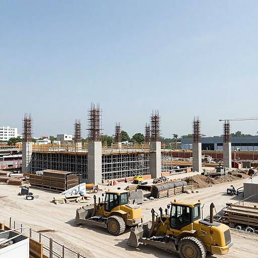 Photograph of a construction site with yellow excavators, steel columns, and scaffolding under a clear blue sky. Concrete slabs and construction materials scattered