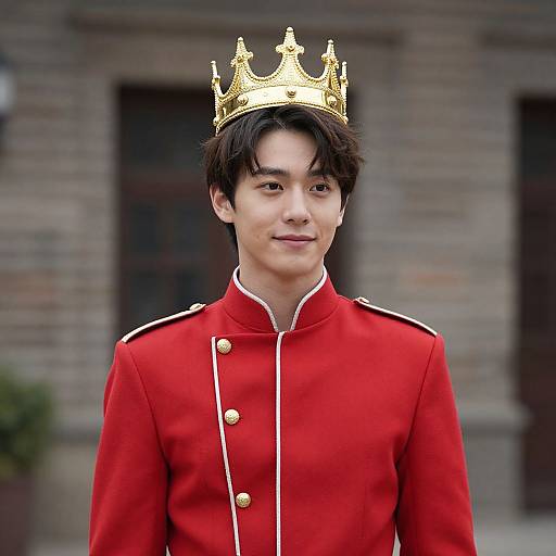 Young Asian man with dark hair wears a gold crown and red military-style uniform with white trim, standing in front of a brick building. Photograph.