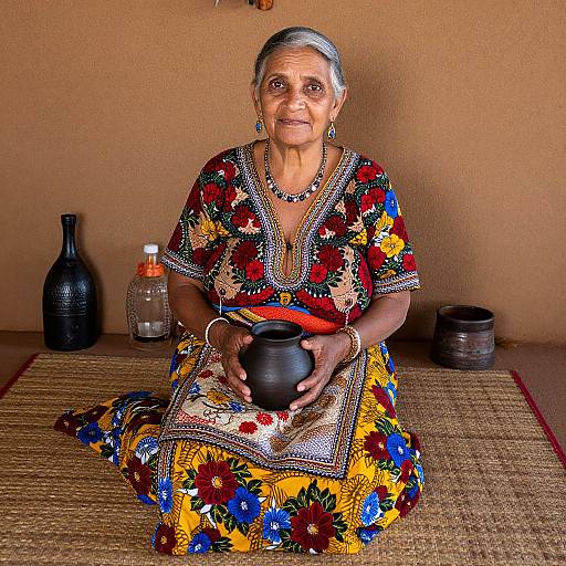 Photograph of an elderly Indian woman with gray hair, wearing a colorful, floral-patterned sari, holding a black pot, seated on a woven