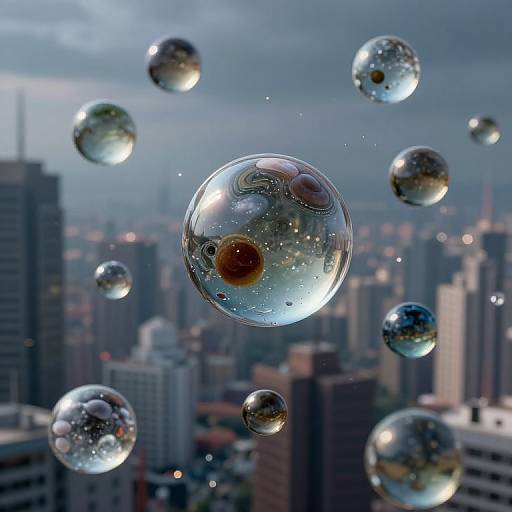 Photograph of transparent, reflective glass bubbles floating against a blurred, urban skyline with skyscrapers under a cloudy sky.