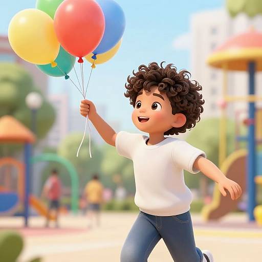 Curly-Haired Boy Playing with Balloons