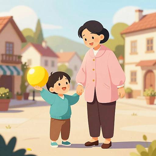 Cartoon illustration of an Asian mother with short black hair in a pink jacket and black pants, smiling, holding hands with her young son in a blue