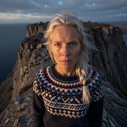 Photograph of a blonde woman with fair skin and blue eyes, wearing a black and white patterned sweater, standing on a rocky cliff with an ocean