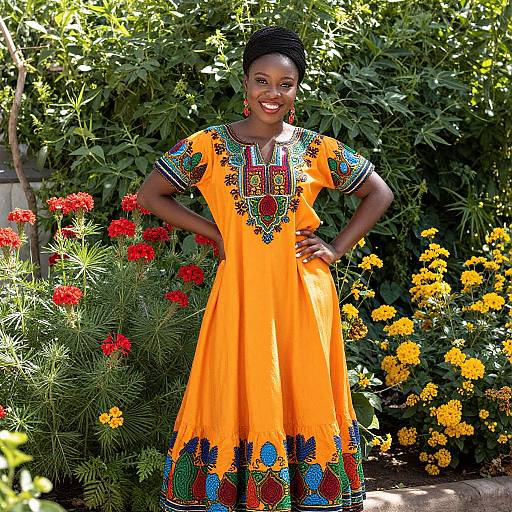 Photograph of a smiling Black woman with braided hair wearing a vibrant orange dress with colorful embroidery, standing in a lush garden with red and yellow flowers