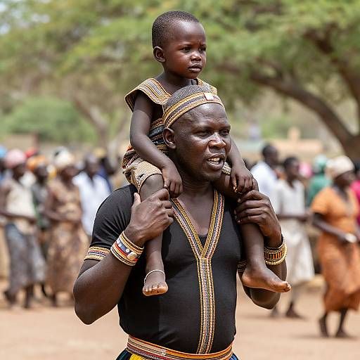 Photograph of a dark-skinned African man in traditional black and gold attire carrying a young boy on his back at an outdoor gathering with blurred greenery