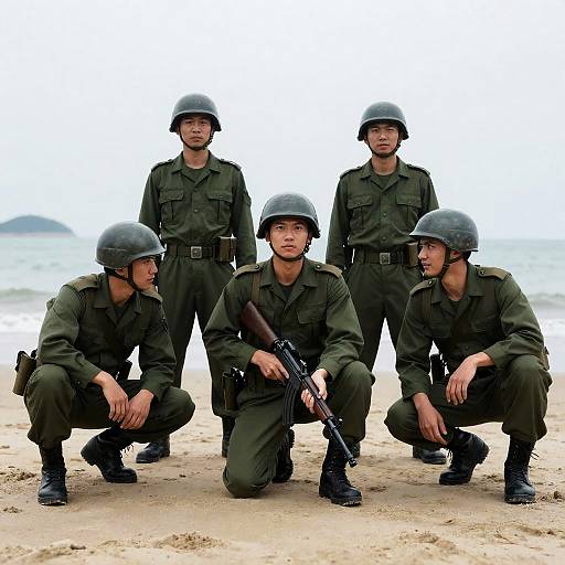 Crouching Soldiers on Beach with Ocean