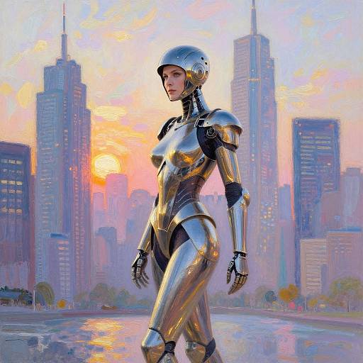Digital painting of a silver humanoid robot with a futuristic cityscape at sunset in the background, showcasing tall skyscrapers and vibrant, colorful skies.