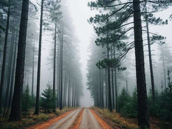 Mystical Foggy Pine Forest Wallpaper