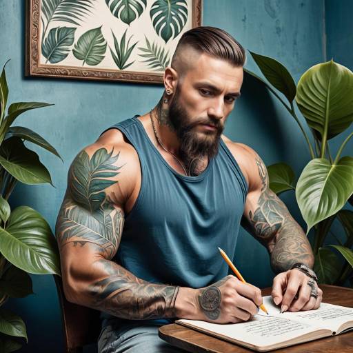 Tattooed Man Writing Surrounded by Botanicals