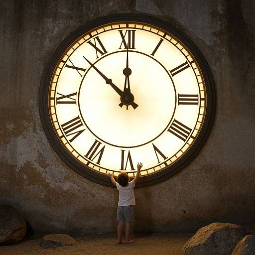 Child Adjusting Glowing Roman Clock
