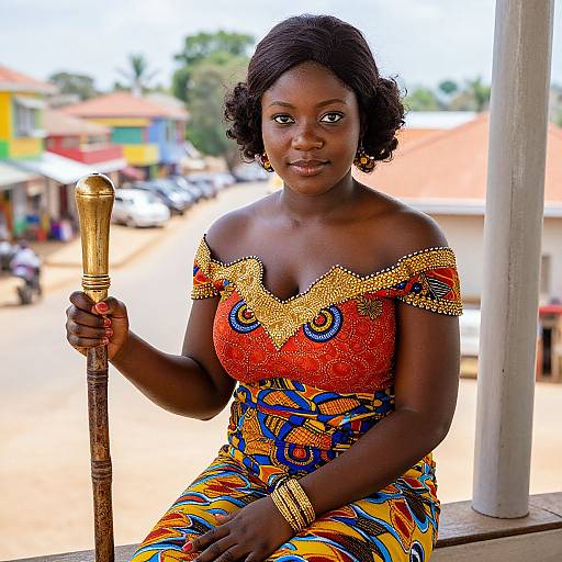 Photograph of a dark-skinned African woman with short curly hair, wearing an ornate red and orange dress with gold jewelry, holding a gold staff