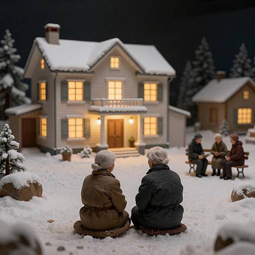 Snowy Diorama with Elderly Figures and Lit House