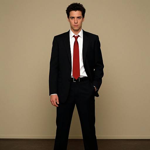 Photograph of a serious-looking man with short, spiky black hair, wearing a black suit, white shirt, and red tie, standing against a