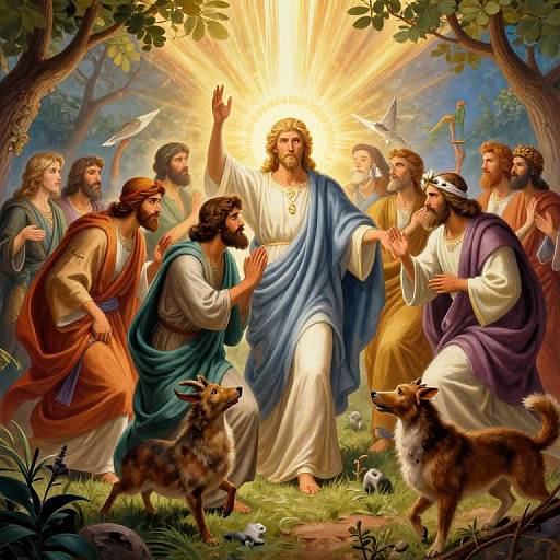 Digital painting of Jesus with illuminated halo, surrounded by apostles and sheep, in a forest clearing with birds and trees.