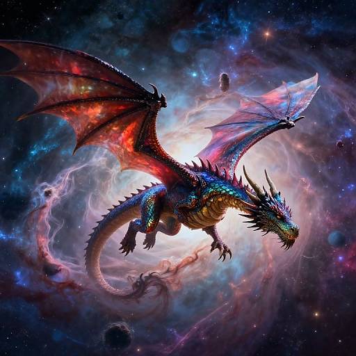 Digital artwork of a vibrant, red and blue dragon with glowing scales, wings, and spines, soaring through a swirling cosmic nebula. Bright,