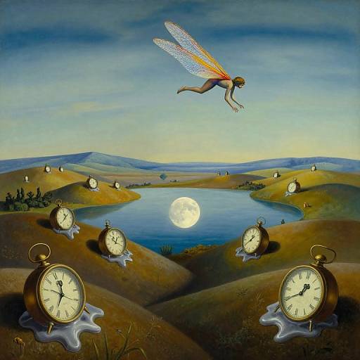 Digital painting of a fairy with iridescent wings flying above a surreal landscape with clocks, a full moon, and rolling hills.
