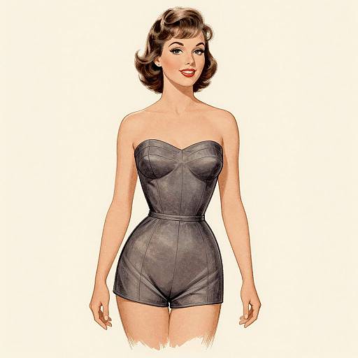 Digital illustration of a smiling, fair-skinned woman with wavy brown hair in a strapless, gray leather jumpsuit, standing against a white background