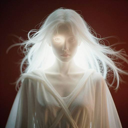 Photograph of a pale-skinned woman with long, wild white hair, glowing intensely with bright white light in a dark red background.