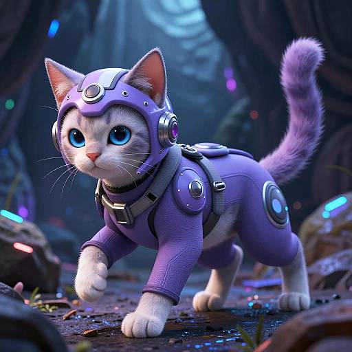 CGI image of a cute white kitten with large blue eyes, wearing a purple, futuristic spacesuit with metallic accents, in a dark, sci-fi