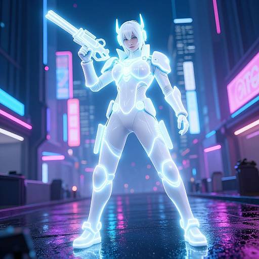 Glowing white cyborg woman with neon horns, futuristic armor, and glowing weapon stands confidently in a neon-lit cyberpunk city street. Digital