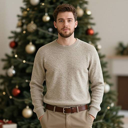 Photograph of a handsome, bearded man with short brown hair, wearing a beige sweater and beige pants, standing in front of a decorated Christmas tree