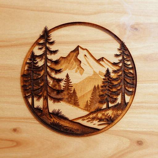 Circular wood carving of a snowy mountain with pine trees, featuring detailed textures and shadows, set on a light wooden surface.